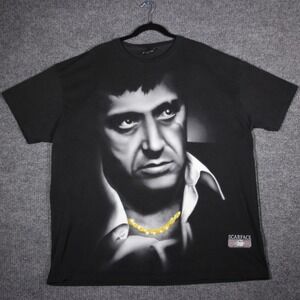 Vintage Scarface AOP T Shirt Mens 2XL Black Tony Montana 90s Hella Rare Gangster
